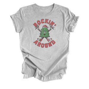 Rockin Around the Christmas Tree Christmas T-Shirt | Athletic Heather Grey Color | Made Retro